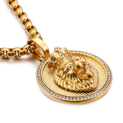 China High Quality Stainless Steel Cute Lion Head Round Pendant Necklace, Round Crown Lion Head Pendant Fashion Necklace Jewelry/ for sale