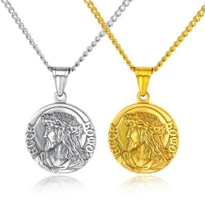 China TRENDY Religion Jesus Gold Charm Men Necklace ,Titanium Steel Religious Jewelry Men's Stainless Steel Round Coin Pendant Necklace* for sale