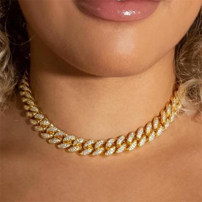 China Environmental Friendly Hip Hop Cuban Chain Iced Out Rhinestone Gold Plating Miami Cuban Link Zinc Alloy Chain Necklace for sale