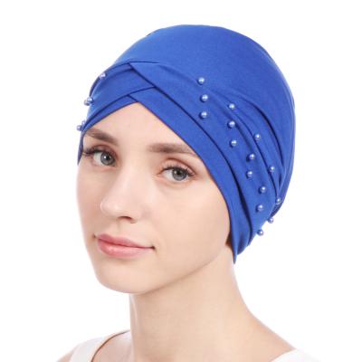 China Europe and America Nail Pearl Towel Cap Chemotherapy Hat Elastic Cloth New Europe and USA Muslim Indian Women Cross Front Hijabs for sale