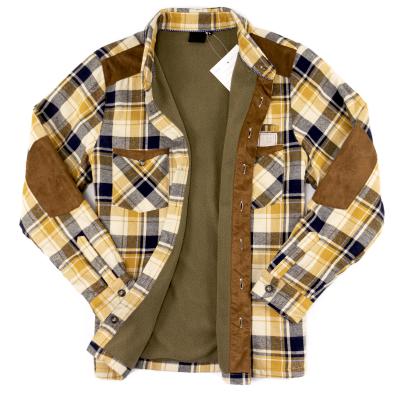 China Vintage Anti-pilling Mens Fleece Flannel Shirt Jacket Fitted Plaid Flannel Shirt Jacket Suede Patch Heavy Striped Flannel Jacket For Men for sale