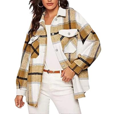 China Anti-Wrinkle Women Plaid Flannel Shacket Woven Classic Long Sleeve Jacket Warm Shacket For Women for sale