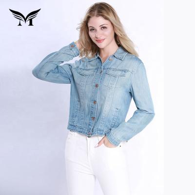 China Breathable Spring Washed Soft Light Blue Mental Button Women Single Layer Denim Jacket With Side Pocket for sale