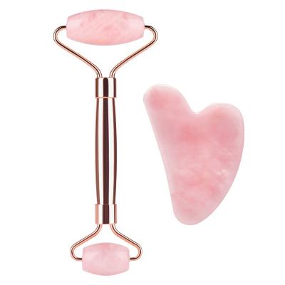 China Face Most Popular Factory Outlet Rose Quartz Facial Jade Roller Natural Face Jade Roller Gua Sha Set for sale