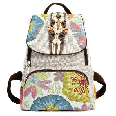 China 2021 New Retro Waterproof Bags Women Shoulder To Backpack Cotton Printed Handmade Woven Canvas Bag for sale