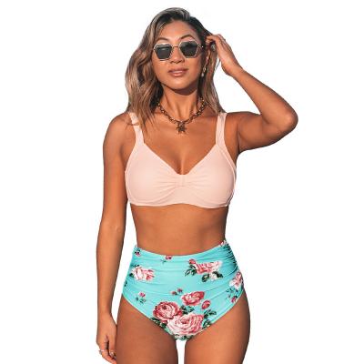 China 2022 plus size pink and green floral high-waisted bikini sets cute sexy beach swimwear women heart neck pieces swimwear women both for sale