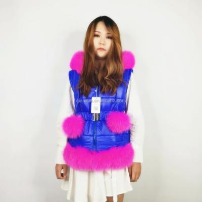 China New Style Winter Women Cotton Ladies Fur Vest Fox Fur Hood With Pompoms Bottom Layer Breathable Trim Invest Outwear for sale