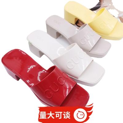 China Fashion Square Toe PVC Mid Heel Women's G Home Freeze Slippers Summer Slides for sale