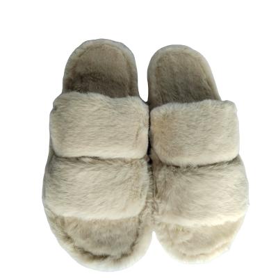 China Fashion Trend Custom Indoor Autumn And Winter Beige Rabbit Fur TPR Flat Sole Warm And Non Slip Home Slippers for sale