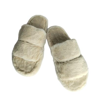 China Fashion Trend Wholesale Customize Stylish Indoor Women Beige Plush Rabbit Fur Warm Plush Home Winter Slippers For Bedroom for sale