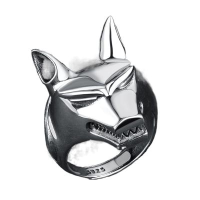 China Dropshipping Men's Fashionable Hip Hop Fashion 925 Sterling Silver Dog Head Ring Adjustable Open Ring Jewelry for sale