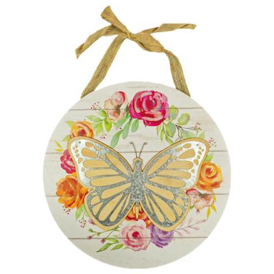 China America Spring Butterfly Wood Wall Decor Round Circle Shape Wall Hanging Sign Wood Garden Decor for sale