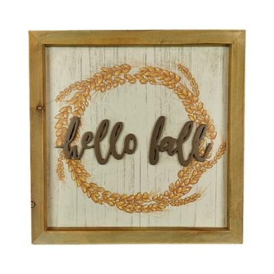 China American Autumn Hello Sign Modern Wood Farmhouse Decor Wooden Framed Wall Decor Hanging Craft Craft Decorations for sale