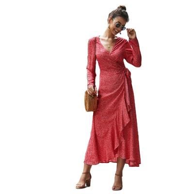 China Breathable Women Wrap V Neck Dress Party Hot Sale Ruffles Side Slit Long Maxi Dresses Woman Bohemian Dress for sale