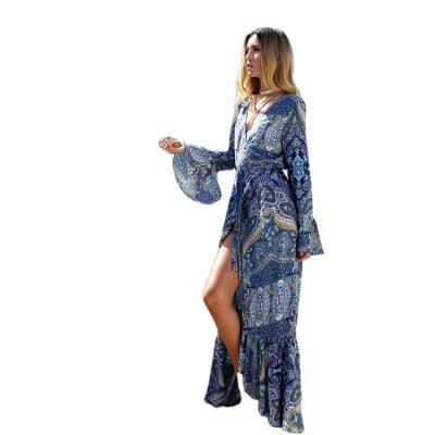 China 2021 New Designs Anti-Static Bohemian Long Sleeve Dress Beach Wear Conceal V-neck Maxi Dress Slit Dress for sale