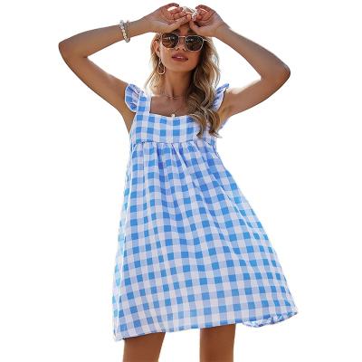 China 2021 anti-static new plaid dress with high waist neck halter casual square dress and backless a-line skirt for sale