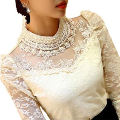 China New Breathable Fashion Style Puff Sleeve Tops Dot Shirts Stand Collar See-Through Net Ladies Polka Yarn Blouse for sale