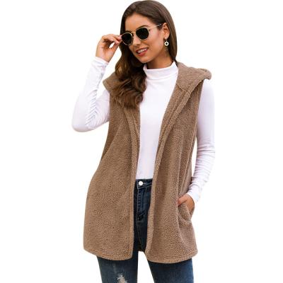 China Autumn Winter Women Plush Jackets Stitch Solid Color Breathable Casual Sleeveless Hooded Cardigan Jackets Female Open Coats for sale