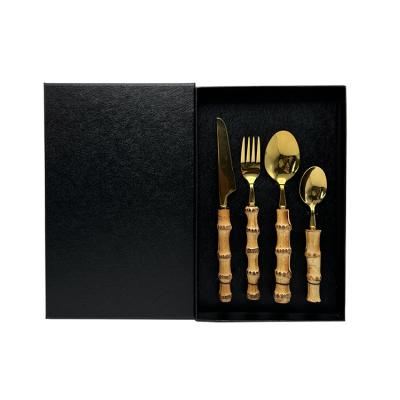 China Sustainable Stainless Steel Handle Natural Bamboo Flatware Set Gold Plated Cutlery Set for sale