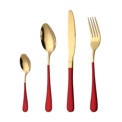 China Sustainable Wholesale Christmas Flatware Stainless Steel Red Gold Cutlery Set for sale