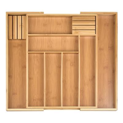 China Sustainable Expandable Wood Organizers Tray Bamboo Drawer Dividers Flatware Storage Cutlery for sale