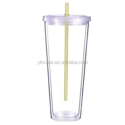 China 16oz 24oz Sustainable Acrylic Drink Up Plastic Double Wall Dome Cup Bottle With Straw for sale