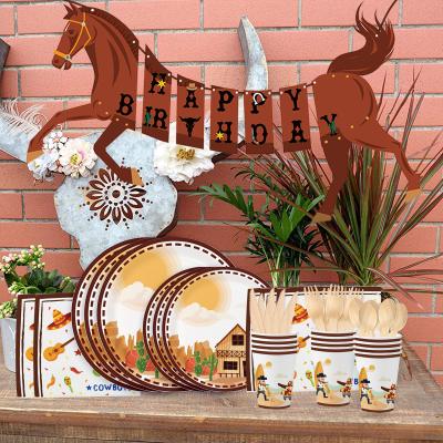 China Partycool China Cowboy Theme Cup Paper Dish Napkins Cowboy Birthday Party Tableware Set For Kids for sale