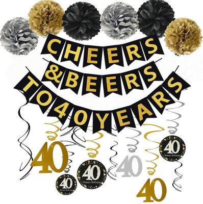 China Partycool China Gold Cheers Sparkle Beer Hanging Fortieth Birthday Years Banner Pom Pom Swirls Kit For Party Supplies for sale