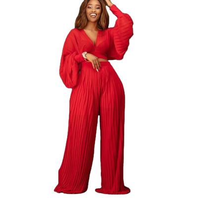 China Breathable V-Neck Blouse Wide-Leg Long Sleeve Pants Suits European And American Pleated Wide-Leg Pants Two-Piece Suit for sale