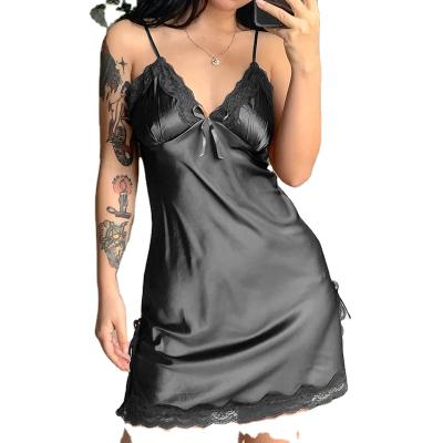 China Breathable Sexy Deep Slit Dress Female Small Sling Nightgown Lace Bow V-Neckline Spring for sale