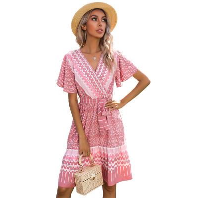 China Ethnic European and American style women's printed V-neck pleated dress short-sleeved lace-up washable for sale