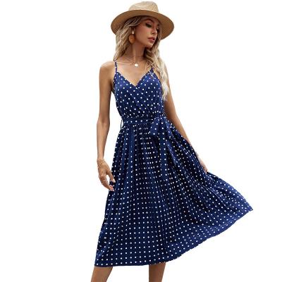 China European and American Polka Dot Suspender Skirt Washable Mid Length Lace-up Pleated Dress for sale