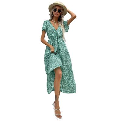 China Spring / Summer Women Short Sleeve Green Printed V-Neck Washable Dress for sale