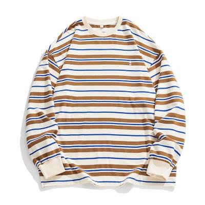 China Anti-wrinkle Men's Clothing Striped Neutral Autumn Fashion Brand Loose Couple Long Sleeve T-shirt Contrast Color Round Neck Sweater Men for sale