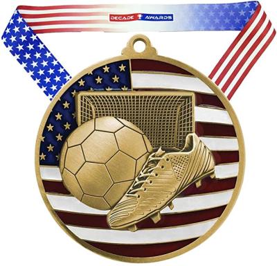 China Folk Art Awards Soccer Patriotic Engraved Medallion Wide Medallion with Stars and Stripes American Flag V-Neck Ribbon for sale