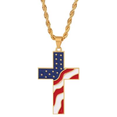 China Hot Selling Fashion Stainless Steel American Flag Star Flag Cross Pendant Gold Plated Mens Necklace for sale