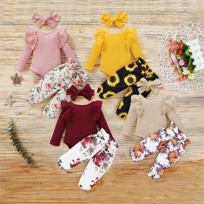 China Breathable Newborn Baby Clothes Autumn Ribbed Ruffles Romper Floral Pants Headband Toddler 2020 Clothing Set Girls Infant Outfits for sale