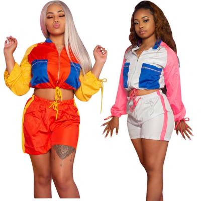 China 2019 New Arrivals Breathable Fashion Women Zipper Up Drawstring Jacket Shorts Pants 2 Pieces Color Block Patchwork Overalls Tracksuit Set for sale