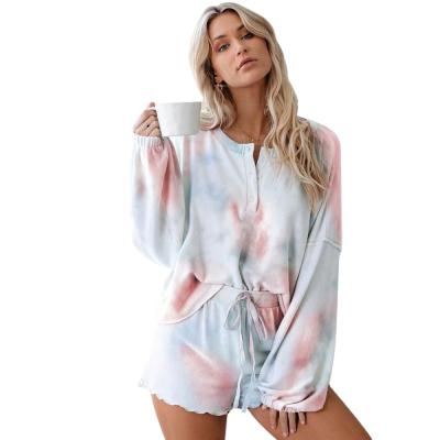 China Miduo 2020 QUICK DRY fashion digital printing tie dye long sleeve round neck tie dye comfortable women's pajamas set two piece for sale