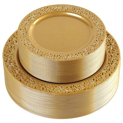 China Disposable Solid Gold 102pcs Plastic Disposable Lace Design Premium Heavy Plates for sale