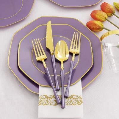 China Disposable Purple with Gold Rim Plastic Dinnerware Set for sale