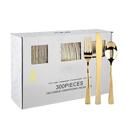 China 300 Pieces Gold Disposable Plastic Cutlery Heavy Duty Plastic Silverware Disposable Cutlery for sale