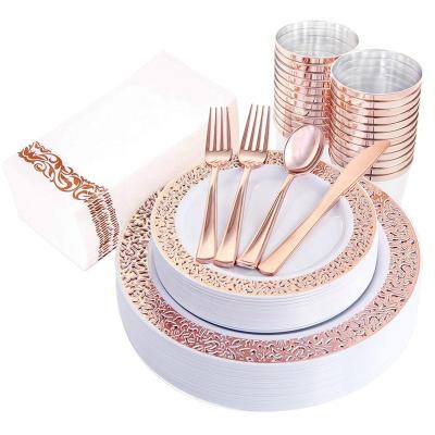 China 160 Pieces Disposable Rose Gold Elegant Laced Plastic Rose Gold Disposable Plates with Silverware and Plastic Rose Gold Cups for sale