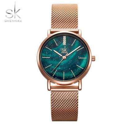 China Shengke Water Resistant Women Watches Ultrathin Quartz Watch Ladies Starry Green Dial Stainless Steel Strap Reloj Mujer Wrist Watch Ladies Gift for sale