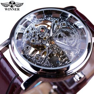 China New Water Resistant Winner Design Wristwatch For Men's Cavity Dial Band Automatic Mechanical Watches Alloy Leather Case for sale