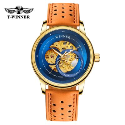 China Men's Leather Strap Big Dial Genuine Mechanical Arabic Numeral Mechanical Gold Winner Fashion Dress Watch Wristwatches for sale