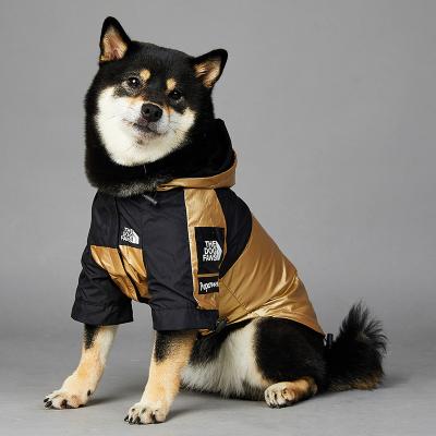 China Viable New Design Waterproof Dog Raincoat Gold Color Clothes Large Pet Anorak Luxury Dog Jacket for sale