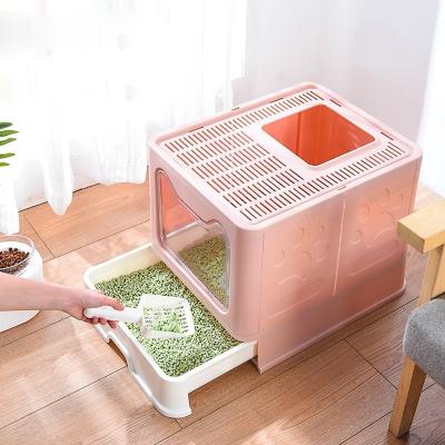 China Wholesale Viable Folding Cat Litter Box Top-in Puller Cat Toilet Fully Enclosed Plastic Cat Litter Box for sale