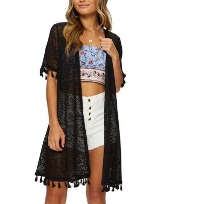 China Solid Geometry Breathable Lace Open-Front Women Swimsuit Cover Ups Hollow Wear Beach Cardigans Beach Kimono for sale