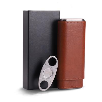 China Multi Design Cigar Humidor Tube Travel Cigar Holder Luxury Leather Gift Set With Cutter for sale